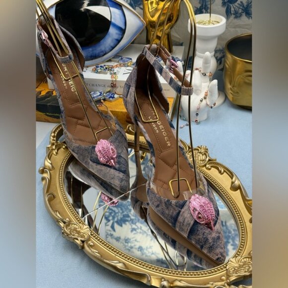🆕 KURT GEIGER LONDON 🧿 NWOB Belgravia Pink Denim Vinyl High Heel, Sz 37 US 7 - Picture 10 of 16